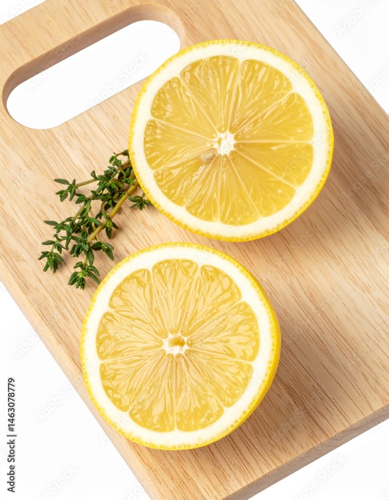 Rustic Lemon Halves with Fresh Thyme Clipping Path Rustic Lemon Halves with Fresh Thyme Clipping Path
