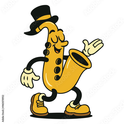 Dancing Saxophone Cartoon Character with Top Hat and Swagger