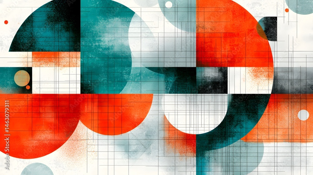 Fototapeta premium Abstract Geometric Design with Colorful Shapes and Grids on a Light Background