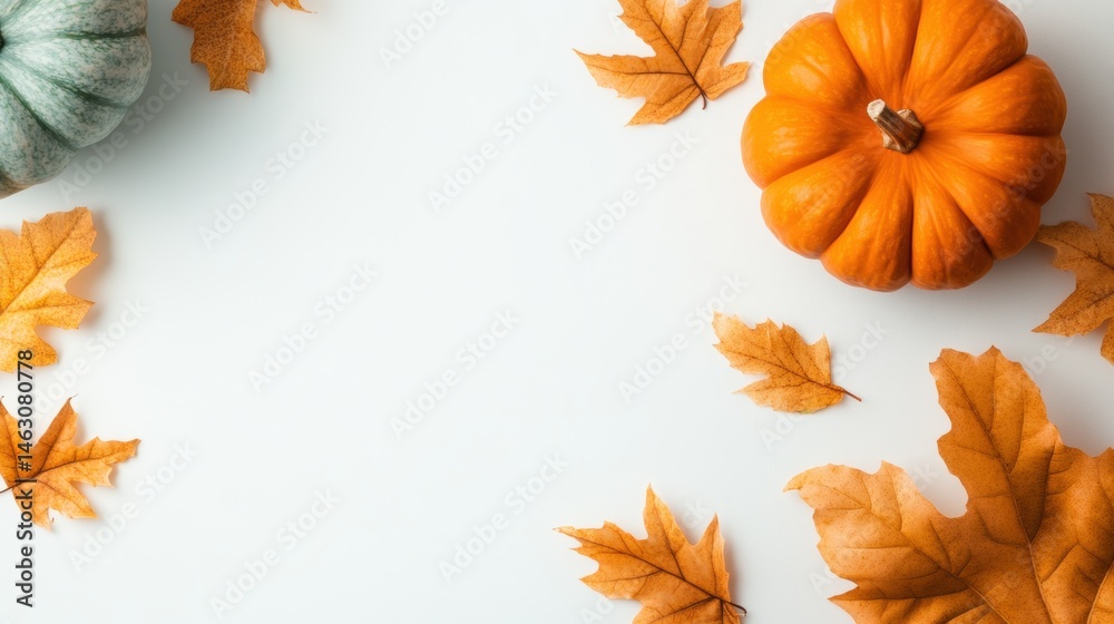 Fototapeta premium Brightly colored pumpkins in orange and teal with vibrant autumn leaves scattered on a light background create a festive seasonal display