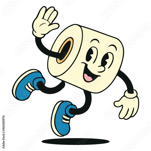 Toilet Paper Roll Cartoon Character Mid-Jump with Blue Sneakers
