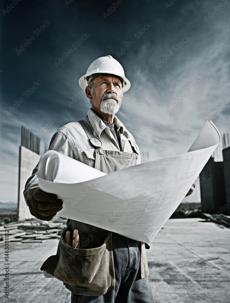 An elderly construction worker examines architectural plans at a building site, embodying years of expertise and dedication to the craft amid a dramatic sky backdrop.