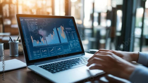 Analyzing financial data and charts on a laptop for strategic business investment decisions