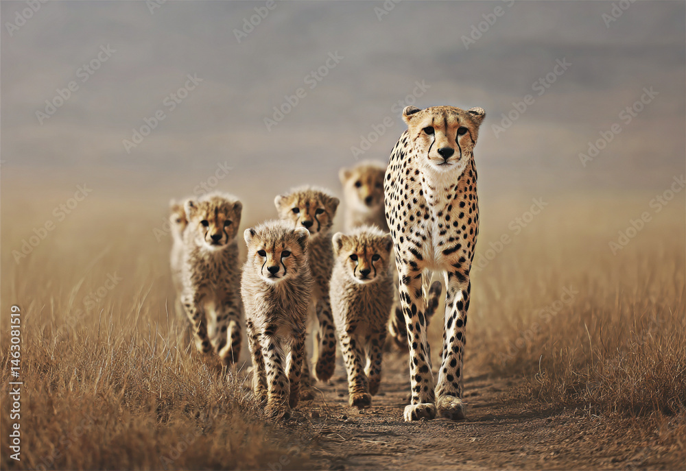 A magnificent cheetah leads her playful cubs through the tall grass, showcasing the beauty of nature and the bond between mother and young in the wild.