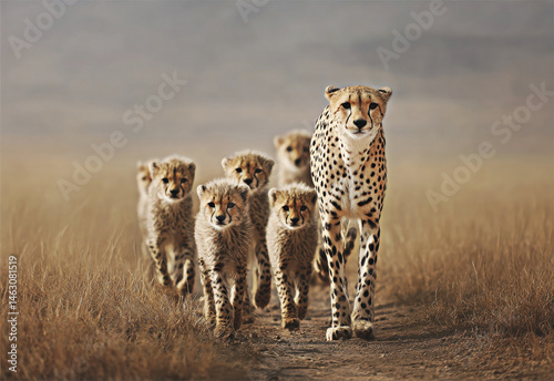 Obraz na płótnie A magnificent cheetah leads her playful cubs through the tall grass, showcasing the beauty of nature and the bond between mother and young in the wild. w salonie