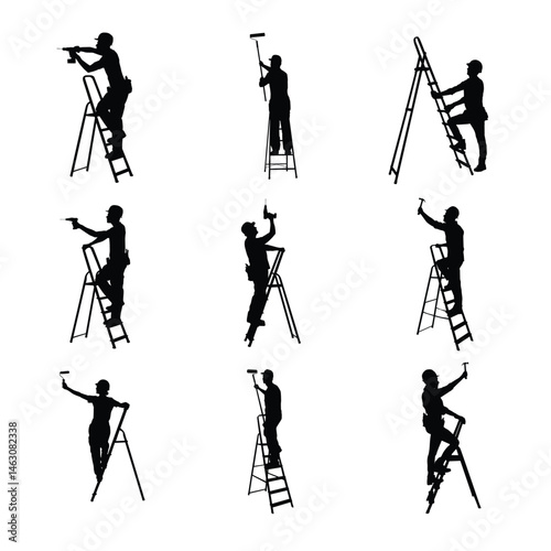 Silhouette of a construction worker using a ladder