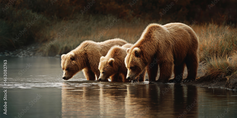 A heartwarming scene of three bears gathered by the water?s edge, embodying nature?s beauty and familial bonds in a serene, picturesque landscape.