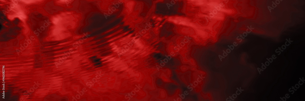 Black dark red abstract background. Reflection of sky and white clouds on the water surface. Blood red sunset. Design. Wide banner. Nightmare mysterious frightening dramatic ominous.