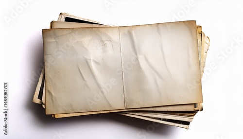 stack old photos isolated on white background mock up blank paper postcard rumpled