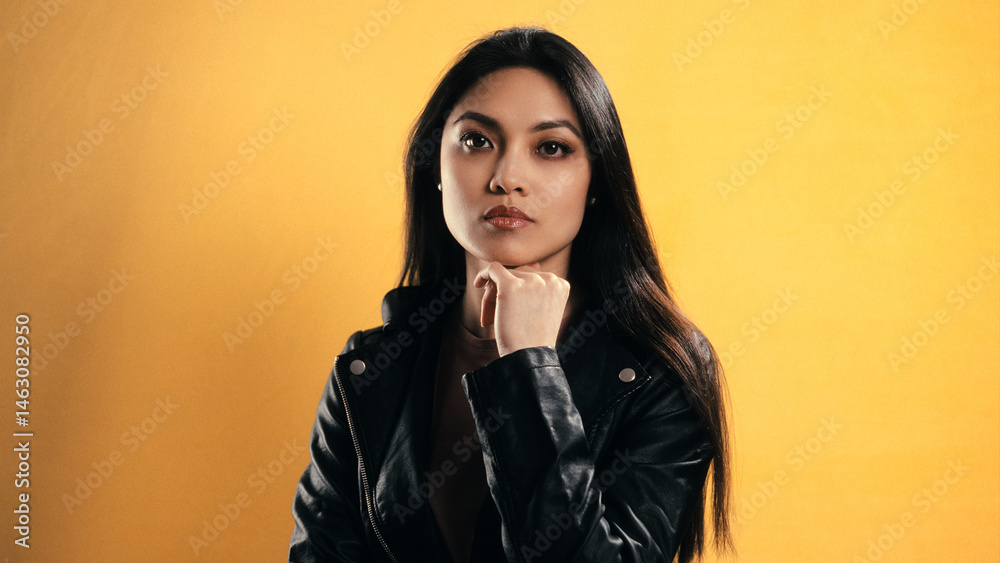 Studio portrait of a stylish young Asian woman wearing a black leather jacket, posing with her hand on her chin against a vibrant yellow background Studio portrait of a stylish young Asian woman wearing a black leather jacket, posing with her hand on her chin against a vibrant yellow background