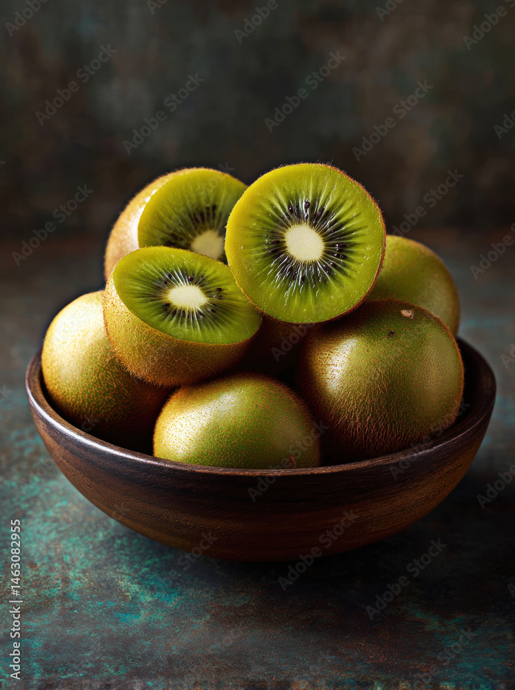 A vibrant assortment of whole and sliced kiwis in a rustic bowl, showcasing their lush green interiors and fuzzy exteriors, perfect for healthy snacking or vibrant recipes.
