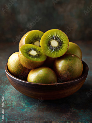 Obraz na płótnie A vibrant assortment of whole and sliced kiwis in a rustic bowl, showcasing their lush green interiors and fuzzy exteriors, perfect for healthy snacking or vibrant recipes. w salonie