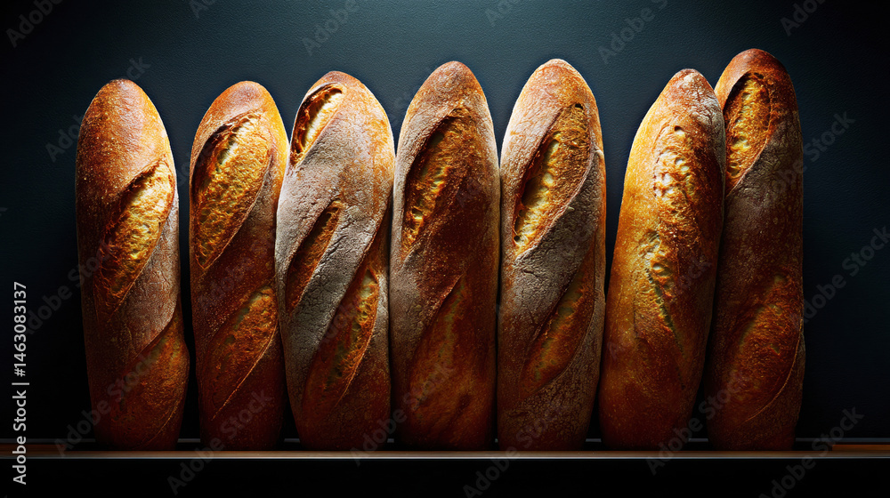 A stunning array of freshly baked baguettes, showcasing their golden crusts and artisanal craftsmanship, inviting you to savor the warm aroma and delicious taste of homemade bread.