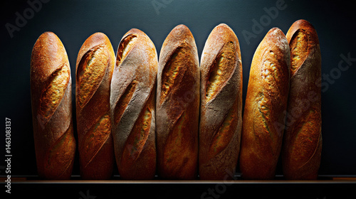 Obraz na płótnie A stunning array of freshly baked baguettes, showcasing their golden crusts and artisanal craftsmanship, inviting you to savor the warm aroma and delicious taste of homemade bread. w salonie