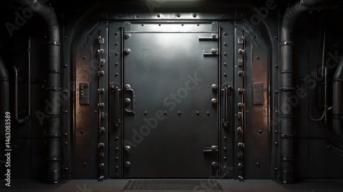 Metal door, industrial setting, mystery, background pipes, sci-fi game