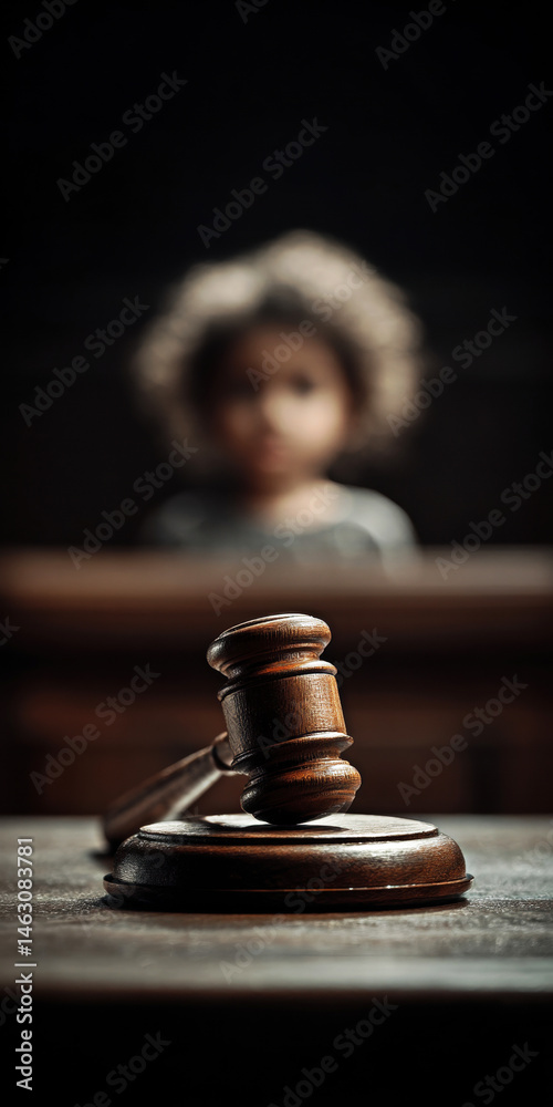 A striking image capturing a gavel in the foreground, symbolizing justice, with a child blurred in the background, evoking thoughts on the impact of legal proceedings on youth.