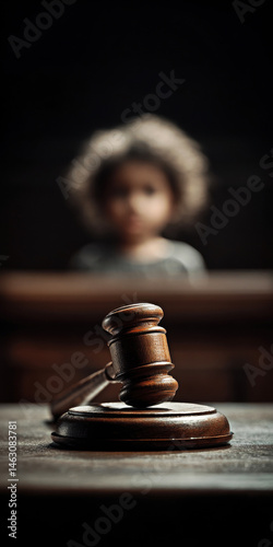 Obraz na płótnie A striking image capturing a gavel in the foreground, symbolizing justice, with a child blurred in the background, evoking thoughts on the impact of legal proceedings on youth. w salonie