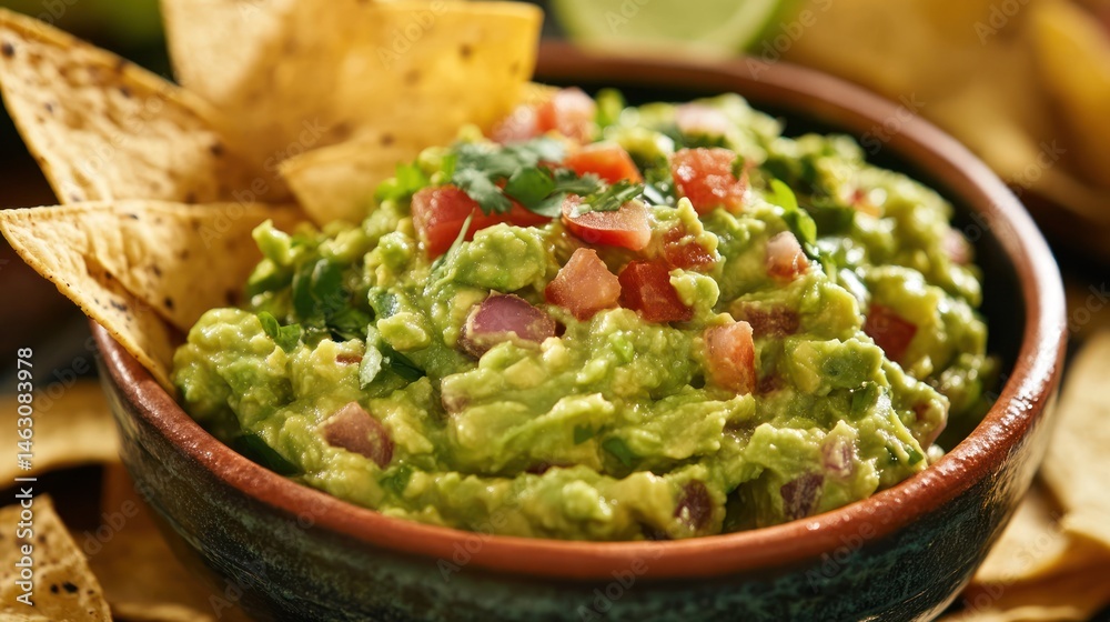 Delicious bowl of freshly made guacamole served with crispy tortilla chips Delicious bowl of freshly made guacamole served with crispy tortilla chips