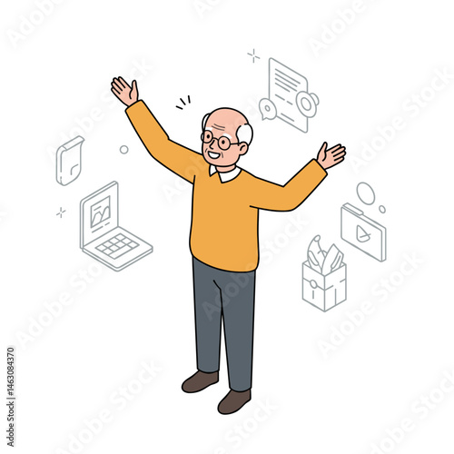 Cheerful elderly person expressing joy in a digital environment  