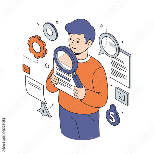 Curious person examining documents with a magnifying glass  