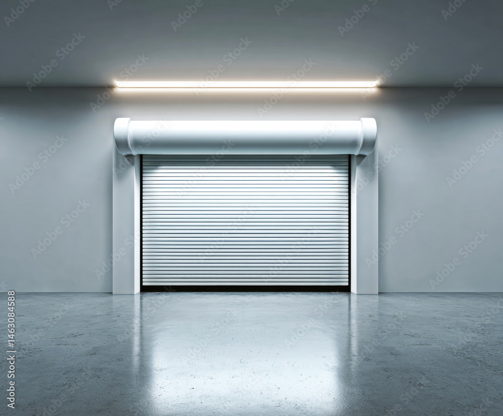 A sleek, modern roll-up door is prominently displayed in a minimalistic interior, featuring smooth concrete flooring and soft overhead lighting, creating a contemporary ambiance.