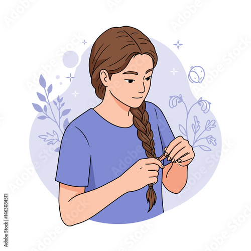 Person with Long Hair, Young Girl Braiding Hair with Serene Background, Beauty, Haircare, Vector Illustration for Blogs/Websites