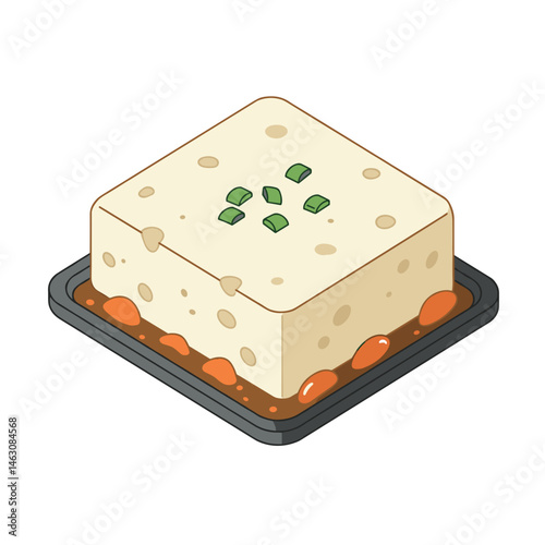 Stinky Tofu Dish Vector Illustration. Served on plate with garnish. Fermented Asian street food, unique cuisine concept, food blog, travel article, menu 