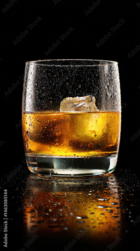 This captivating image showcases a glass of whiskey with ice, featuring condensation on the surface against a sleek black background, highlighting elegance and refreshment.