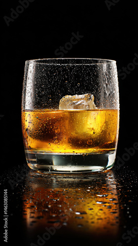 Obraz na płótnie This captivating image showcases a glass of whiskey with ice, featuring condensation on the surface against a sleek black background, highlighting elegance and refreshment. w salonie