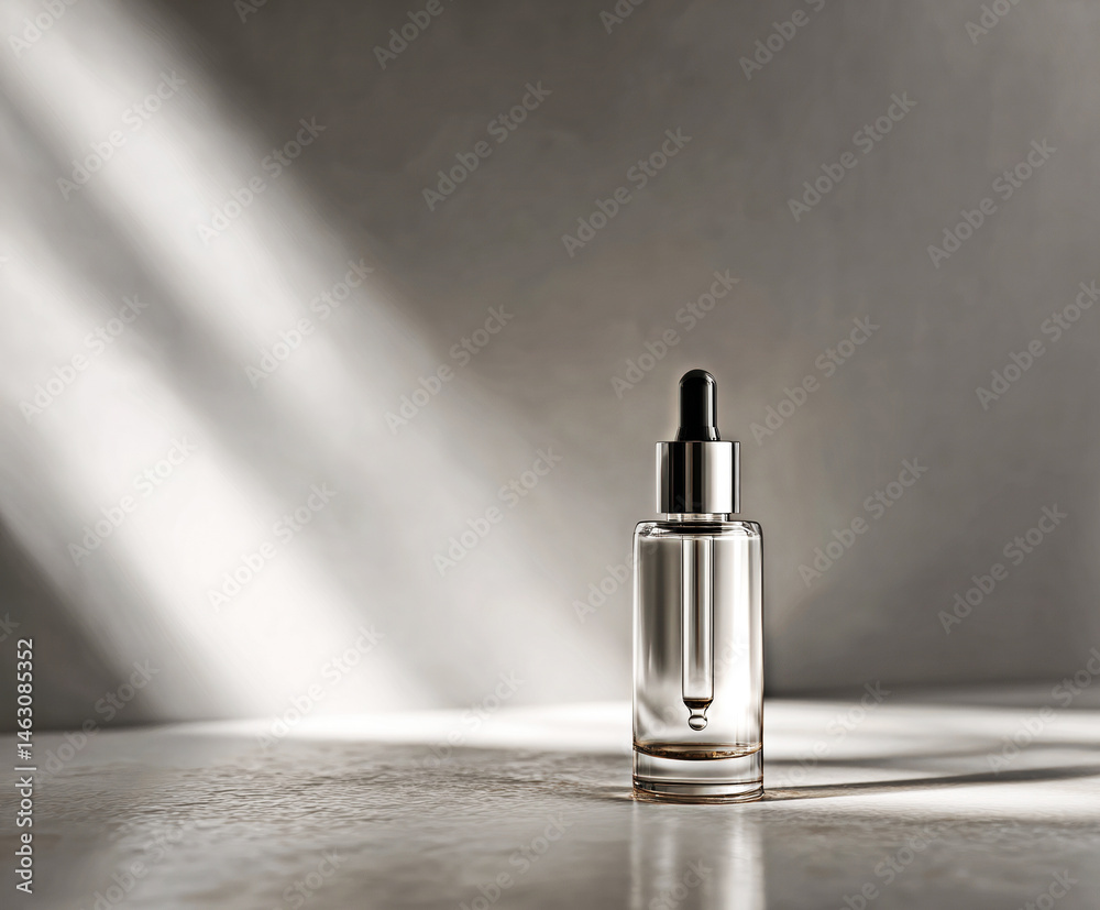 This elegant serum bottle glints in soft light, embodying sophistication and skincare luxury.