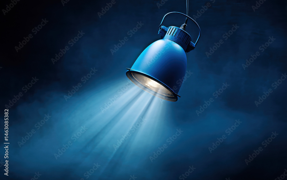 A sleek blue pendant light casts bright beams onto a dark background, creating a captivating play of light and shadow.