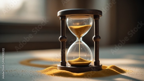 Golden Sand Hourglass Closeup, Soft Light Timer Photo, Intimate Hourglass Moment

