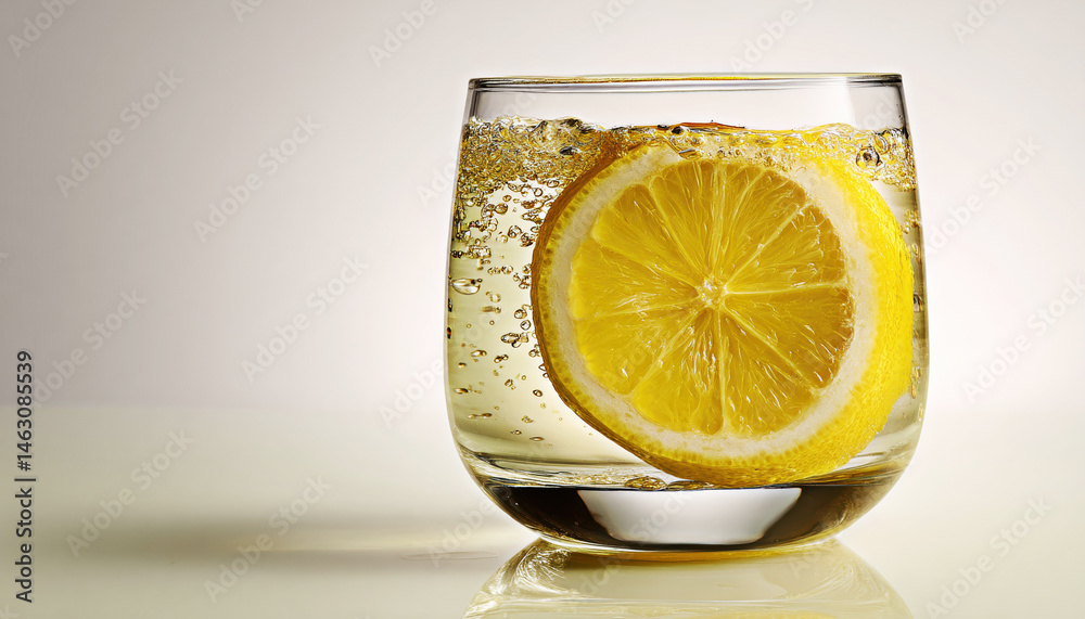 A vibrant glass of sparkling water with a slice of lemon.