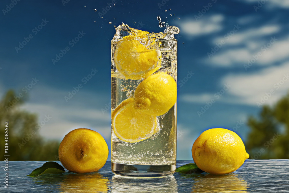A vibrant image of fresh lemons splashing into a glass of sparkling water, embodying the essence of summer and refreshment, perfect for hydration and invigorating beverages.