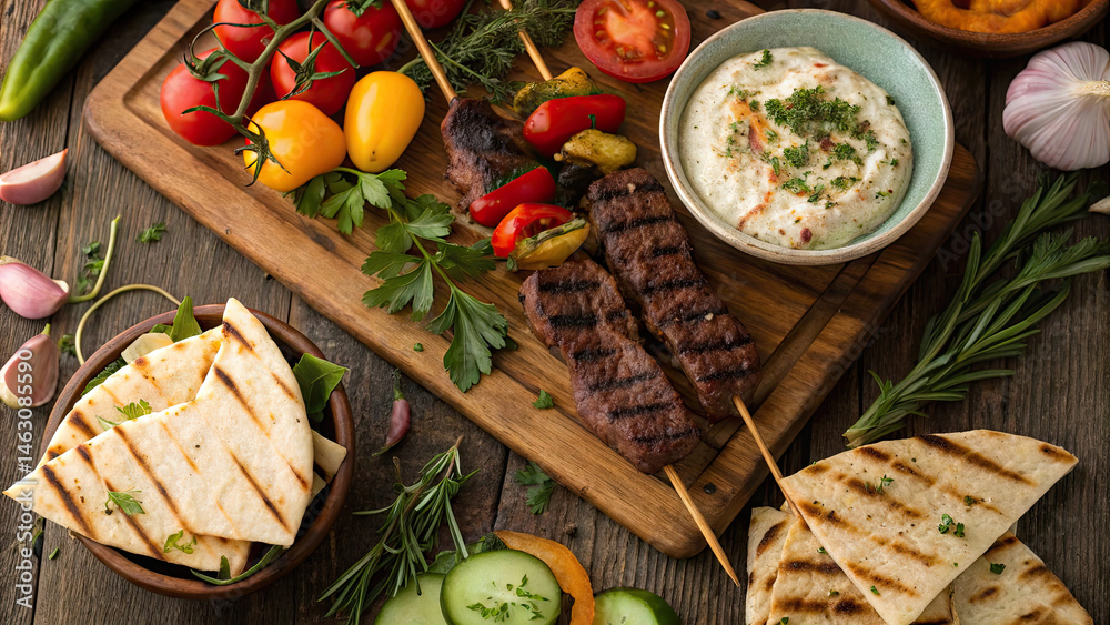 Grilled meat skewers with fresh vegetables, flatbread, and creamy dip on rustic wooden table, creating vibrant and appetizing meal Grilled meat skewers with fresh vegetables, flatbread, and creamy dip on rustic wooden table, creating vibrant and appetizing meal