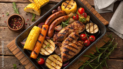 Fototapeta na wymiar Grilled meat, sausages, and vegetables served in rustic tray, garnished with fresh herbs, creating hearty and flavorful meal