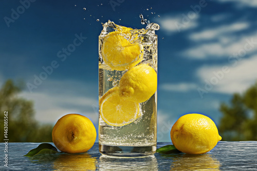 Obraz na płótnie A vibrant image of fresh lemons splashing into a glass of sparkling water, embodying the essence of summer and refreshment, perfect for hydration and invigorating beverages. w salonie