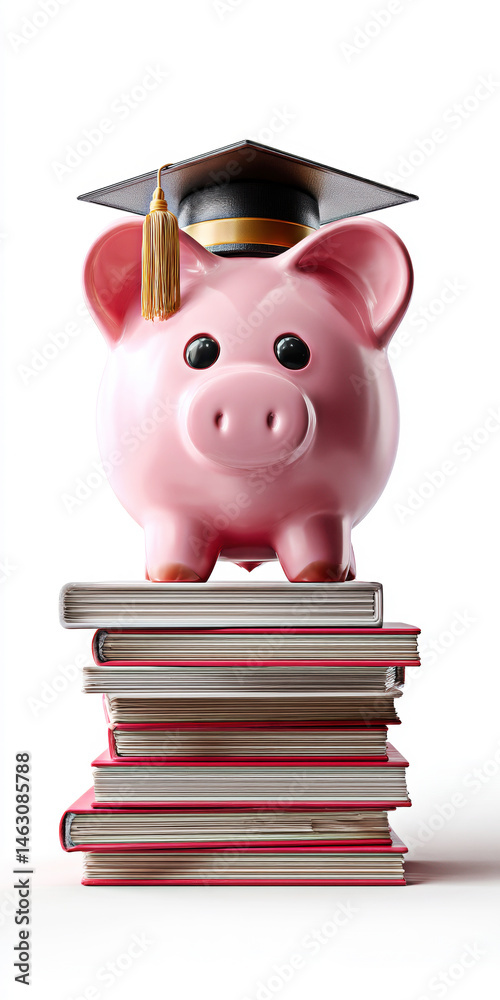A playful piggy bank wears a graduation cap while balancing on a stack of books, symbolizing the importance of saving for education and academic achievement.