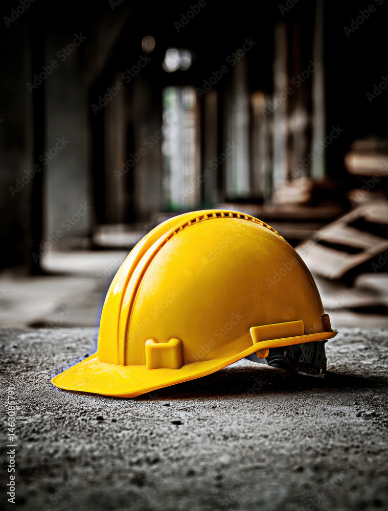 A vibrant yellow hard hat rests on a rough surface, symbolizing safety and protection in construction.