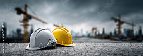 Obraz na płótnie Two hard hats, one yellow and one white, rest on a gritty surface in a blurred construction site background, emphasizing safety in construction and industrial environments. w salonie