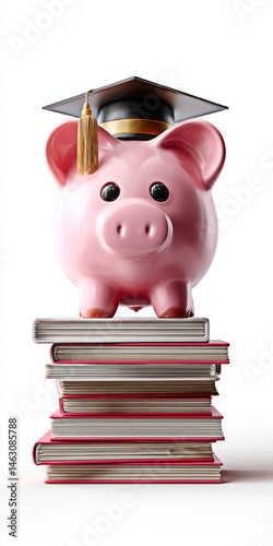 Obraz na płótnie A playful piggy bank wears a graduation cap while balancing on a stack of books, symbolizing the importance of saving for education and academic achievement. w salonie