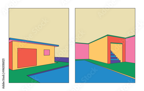Illustration art retro house with perspective view