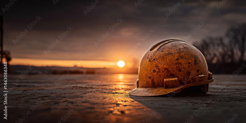 A worn yellow hard hat rests on the ground as the sun sets, symbolizing the dedication of workers and the beauty of twilight on a construction site.