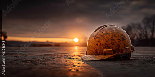 Obraz na płótnie A worn yellow hard hat rests on the ground as the sun sets, symbolizing the dedication of workers and the beauty of twilight on a construction site. w salonie