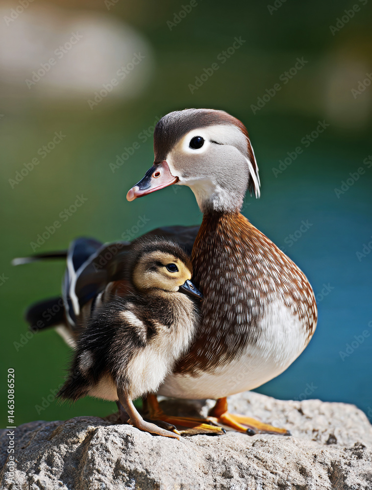 A mother Mandarin duck stands proudly beside her fluffy chick, showcasing the warmth and bond of nature.