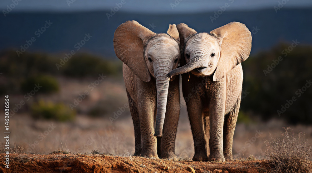Two young elephants share a touching moment, showcasing their bond as they nuzzle each other amidst a serene background, symbolizing friendship and companionship in the wild.