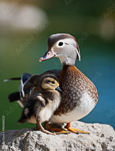 Obraz na płótnie A mother Mandarin duck stands proudly beside her fluffy chick, showcasing the warmth and bond of nature. w salonie