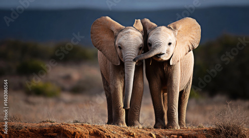 Obraz na płótnie Two young elephants share a touching moment, showcasing their bond as they nuzzle each other amidst a serene background, symbolizing friendship and companionship in the wild. w salonie