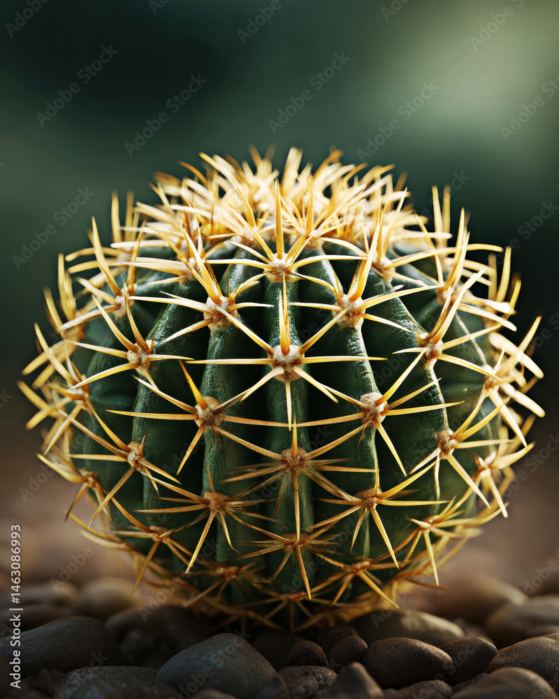 This stunning close-up captures the intricate details of a cactus, showcasing its vibrant green skin and sharp golden spines against a softly blurred background.
