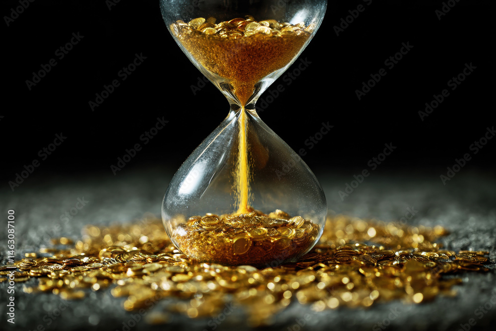 An artistic representation of time and prosperity, featuring an hourglass filled with golden coins, symbolizing the passage of time and the value of wealth.